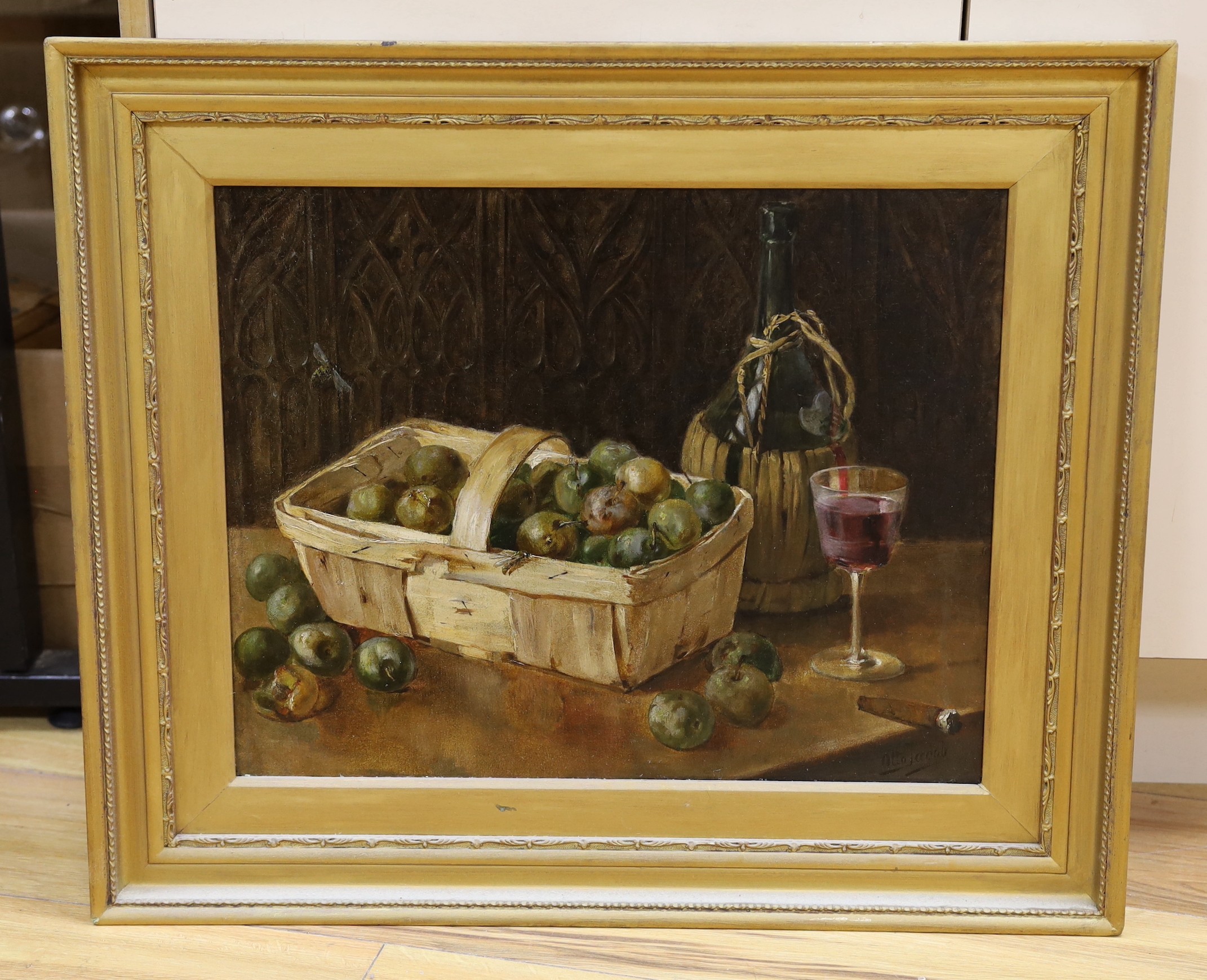 Otto Jacob, oil on canvas, Still life of greengages in a basket, a glass of wine and cigar, signed, 40 x 50cm